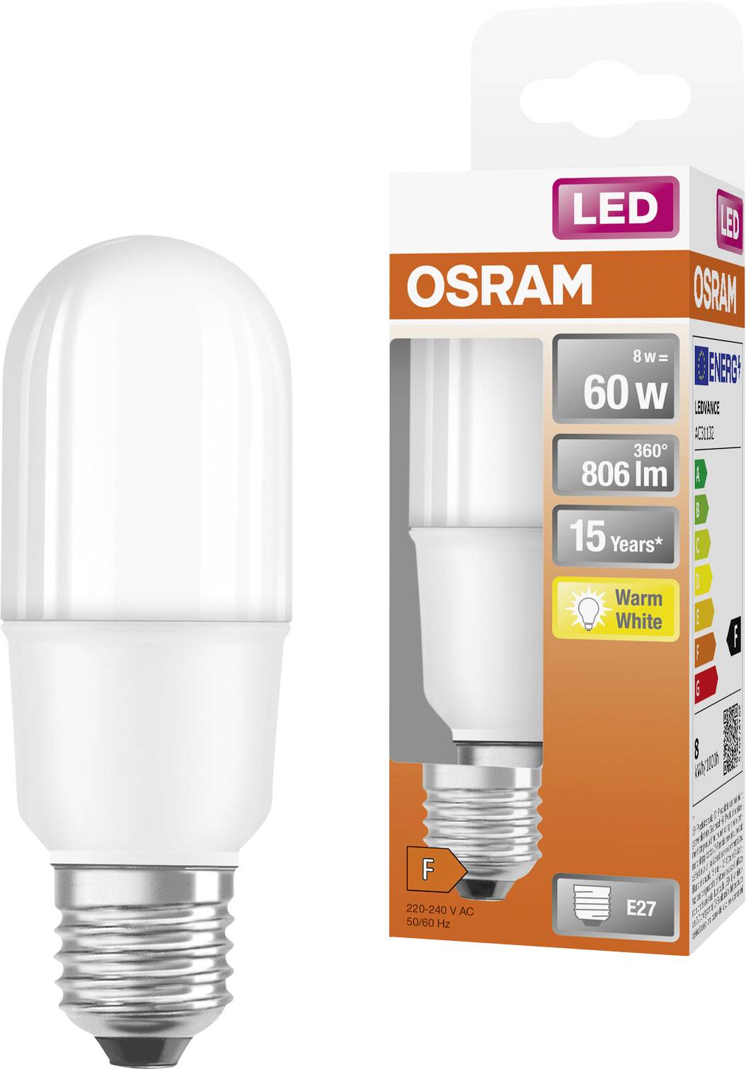 OSRAM LED-Glühbirne mit Verpackung, gekennzeichnet mit 8W = 60W, 806 lm, 15 Jahre, warmweiß, E27-Sockel.