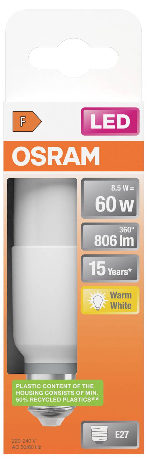 OSRAM LED-Glühbirnen-Verpackung mit einer 8,5-W-Lampe, 60-W-Äquivalent, 806 Lumen, warmweißes Licht, E27-Fassung und einer Lebensdauergarantie von 15 Jahren.