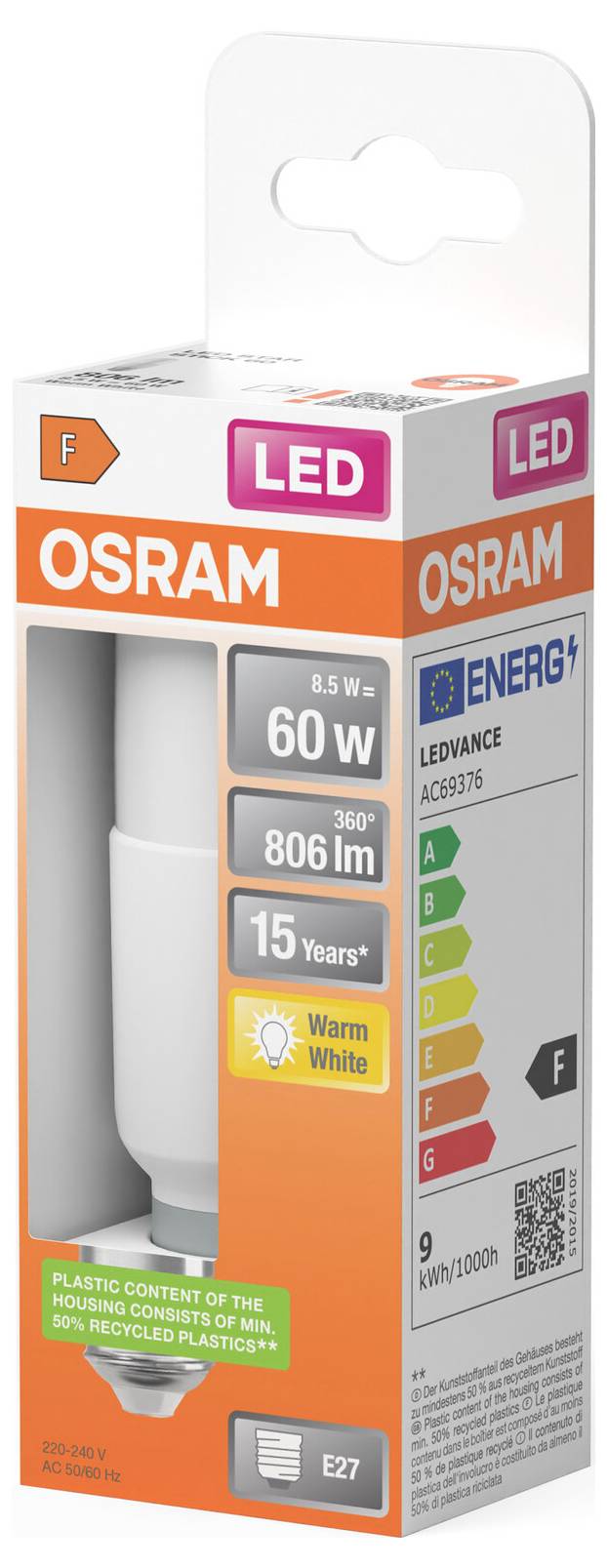 OSRAM LED-Glühbirne in Einzelhandelsverpackung mit einer 6-W-Warmweiß-Glühbirne, 806 lm, E27-Sockel, 15-jährige Lebensdauer und Energieklasse F.