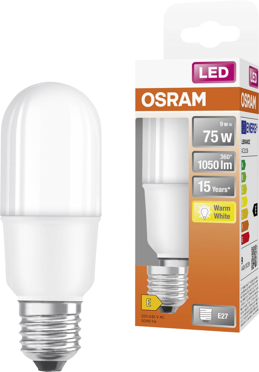 OSRAM LED-Glühbirne mit E27-Fassung neben ihrer Schachtel, gekennzeichnet als 75W-Equivalent, 1050 lm, 15 Jahre, warmweiß.