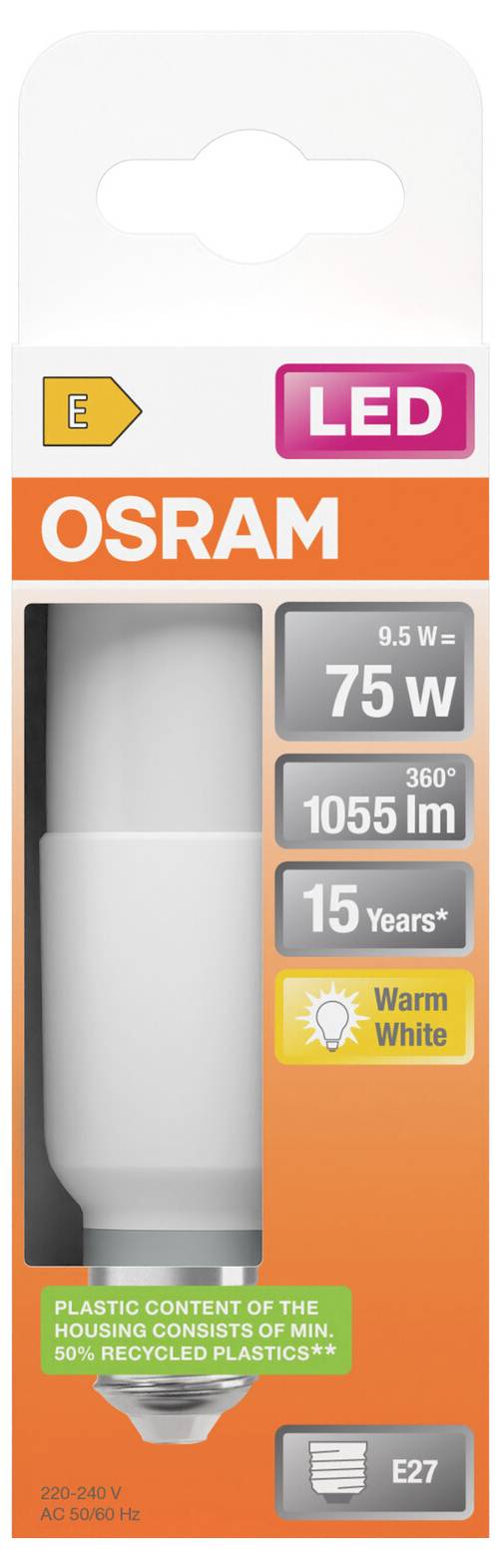 Osram LED-Glühbirnenverpackung mit 75-W-Äquivalent, 1055 lm, 15 Jahre, warmweiß, E27-Sockel.