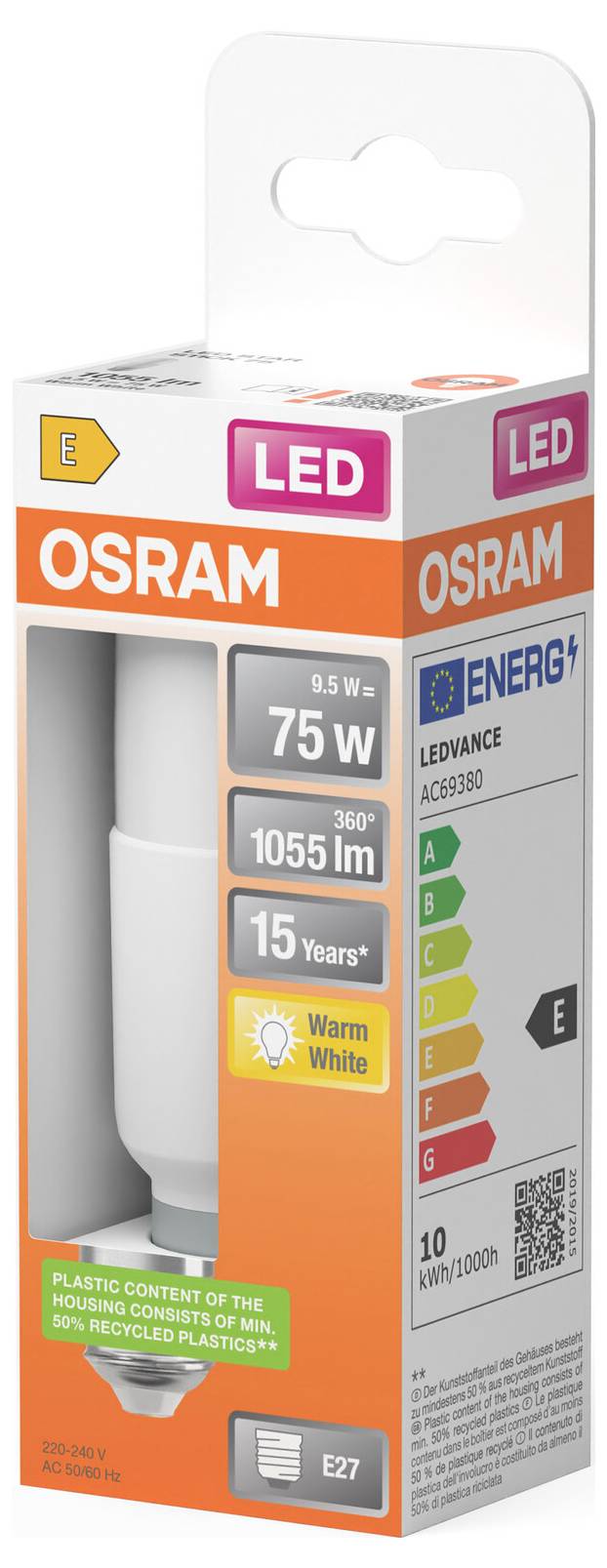 OSRAM LED-Glühbirnenverpackung, die eine 9,5-W-75-W-Äquivalent-Warmweißbirne mit 1055 lm, E27-Sockel, 15-Jahre-Lebensdauer und Energieklasse E zeigt.