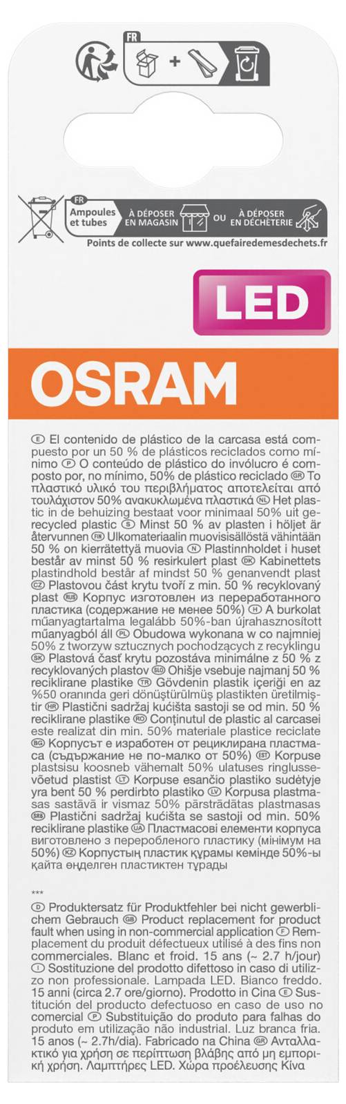 OSRAM LED-Lampenverpackung mit Recycling- und Entsorgungssymbolen, Produktetikett und mehrsprachigen Produktinformationstexten.