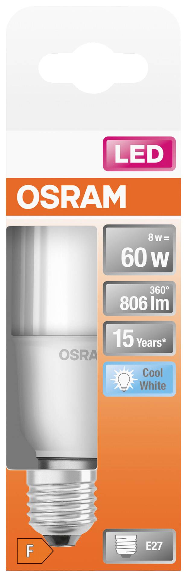 OSRAM LED-Lampe, 8 Watt ersetzt 60 Watt, Lichtleistung 806 Lumen, Lebensdauer 15 Jahre, Lichtfarbe Cool White, Fassung E27.