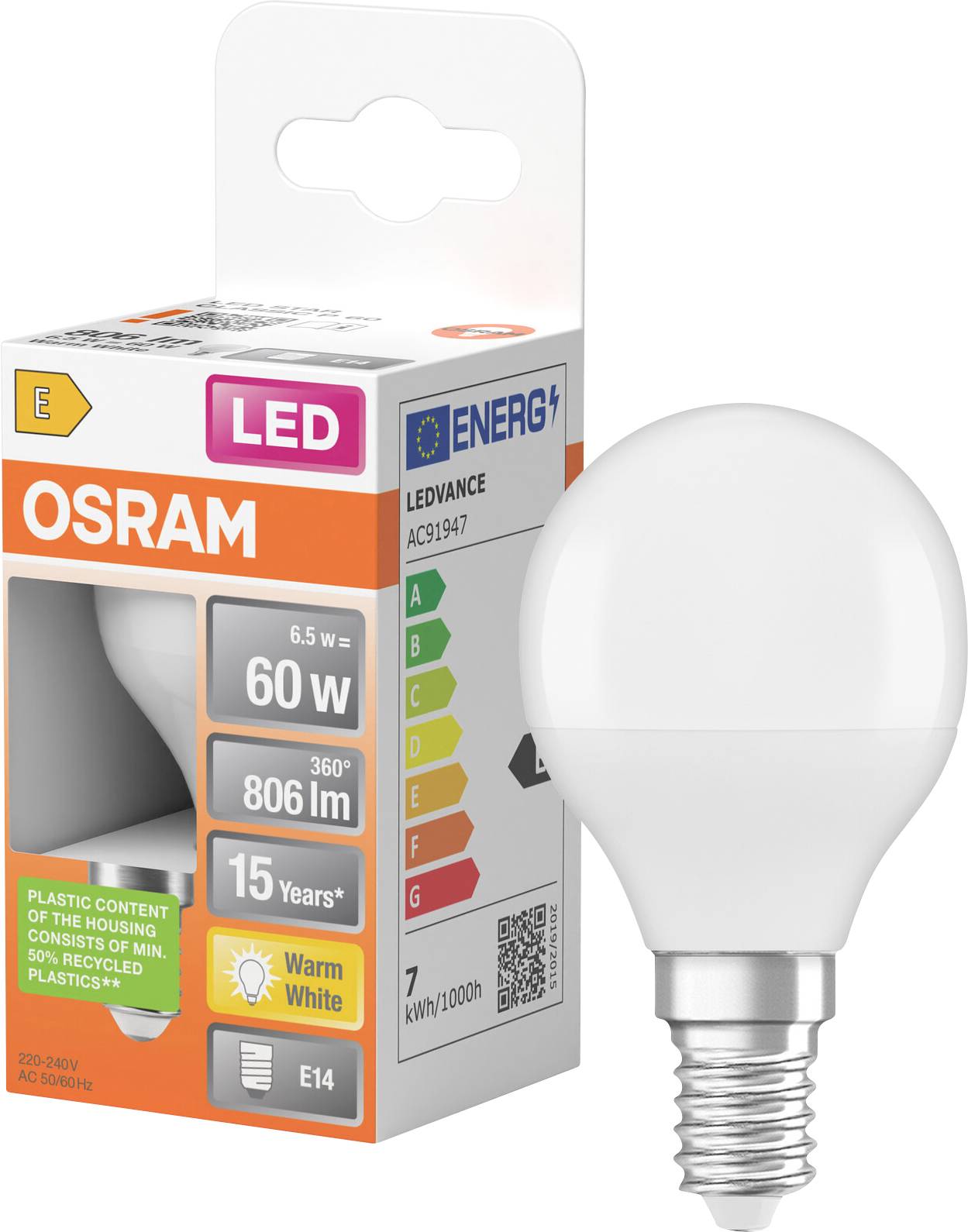 OSRAM LED-Glühbirne Verpackung und Glühbirne, E14-Fassung, warmweiß, 6,5W entspricht 60W, 806 lm, 15 Jahre, Energieeffizienzklasse A.