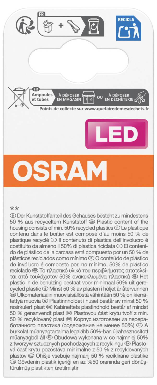OSRAM LED-Produktbox mit Recycling-Symbolen und französischen Entsorgungsinformationen, einschließlich 'Sammelpunkte auf www.quefairedemesdechets.fr'.