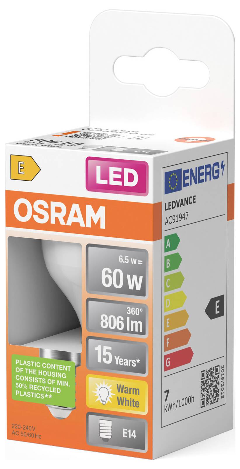 OSRAM LED-Glühbirne Einzelhandelspackung, gekennzeichnet mit 6,5W, 60W Äquivalent, 806 lm, Warmweiß, Energieeffizienzklasse E.