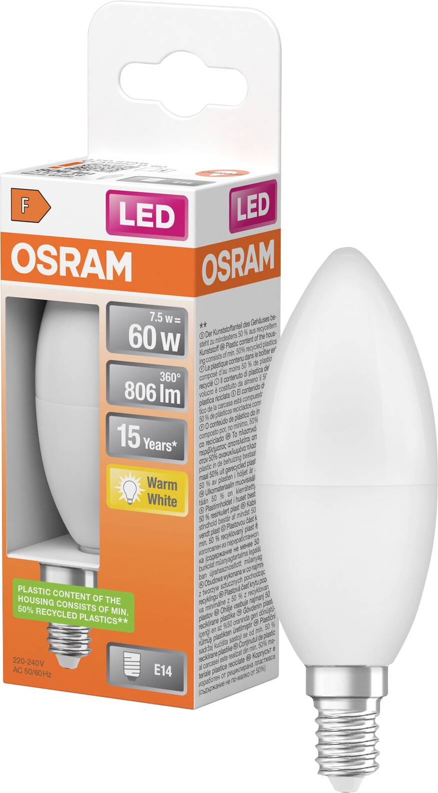OSRAM LED-Glühbirne neben einer weißen Glühbirne, Verpackung mit Kennzeichnung 7,5 W, 60 W Entsprechung, 806 lm, 15 Jahre, warmweiß, E14-Sockel.