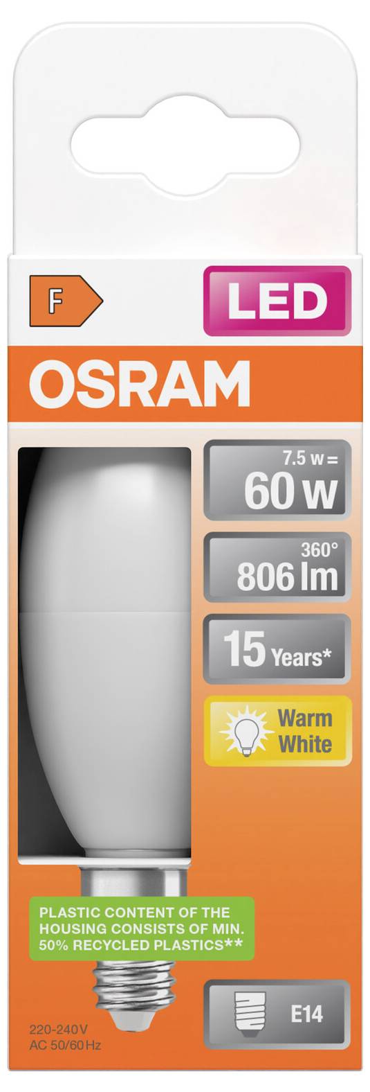 OSRAM LED-Glühbirnenpackung mit Angaben von 7,5 W, 60-W-Entsprechung, 806 lm, 15 Jahre, warmweiß, E14-Fassung und Hinweisen zum Kunststoffgehalt.