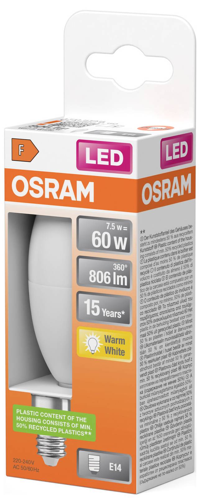 OSRAM LED-Glühbirne, Verpackung mit Etikett: 60-W-Äquivalent, 806 lm, Warmweiß, E14-Sockel, 15 Jahre Lebensdauer.