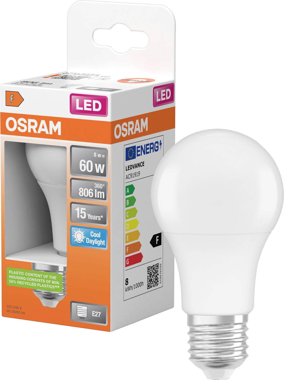 OSRAM LED-Glühbirne mit Einzelhandelsverpackung, zeigt 8W, 60W-Äquivalent, 806 lm, kühles Tageslicht, E27-Sockel.