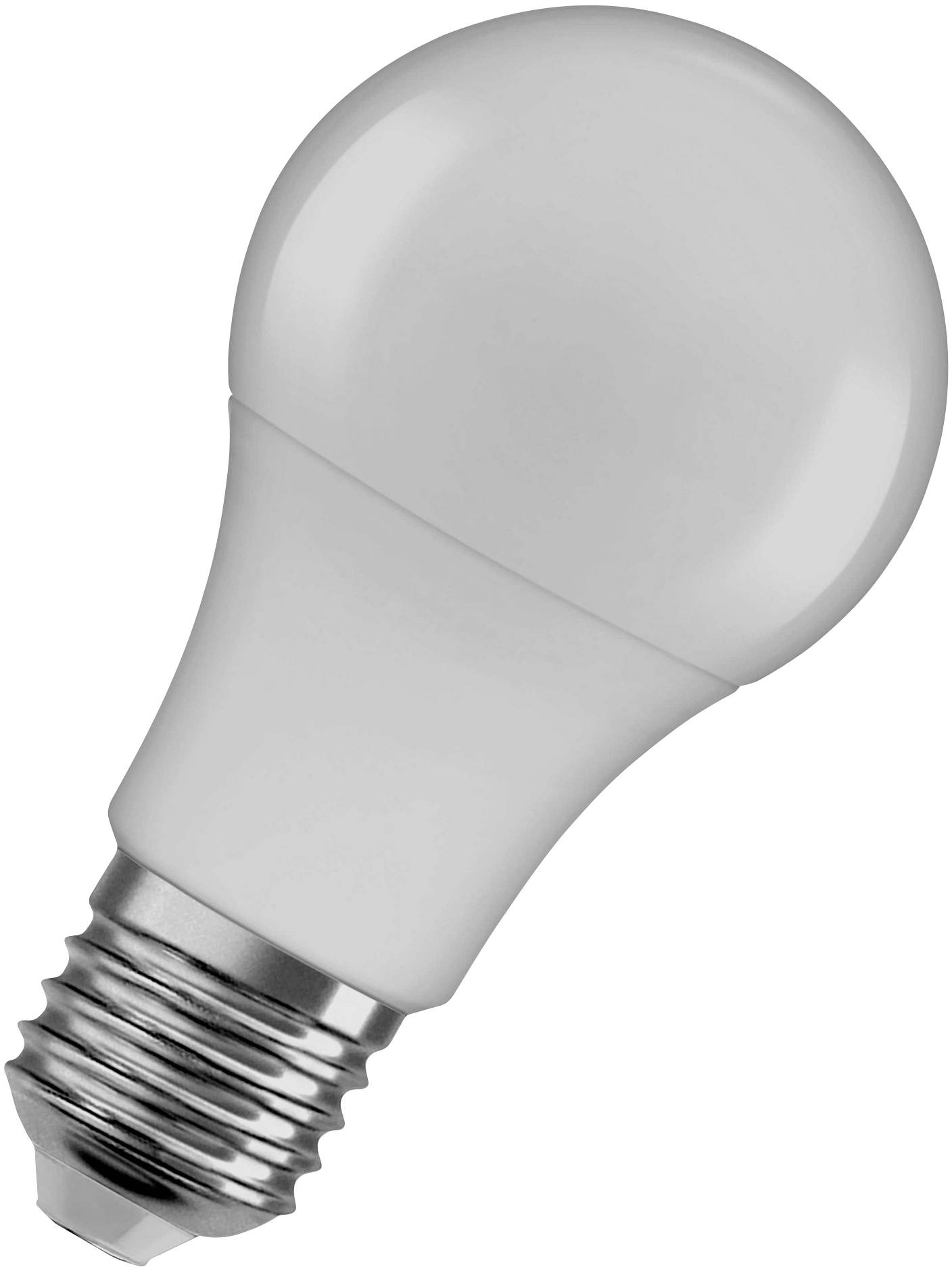 Eine weiße LED-Glühbirne mit E27-Sockel vor weißem Hintergrund. Energiesparend und für Standardleuchten geeignet.