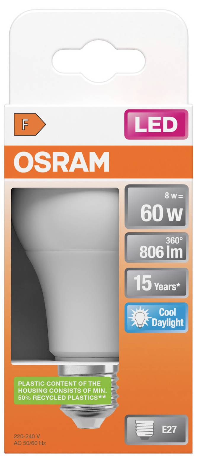 Verpackung für eine OSRAM LED-Glühbirne mit einer 8W-Birne, die 60W entspricht, 806 lm, 15 Jahre, kühles Tageslicht, E27-Sockel und F-Energieklasse.