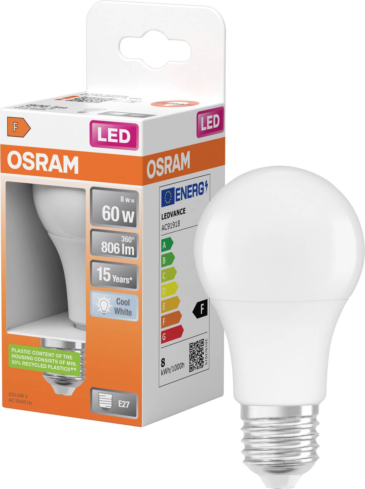 OSRAM LED-Glühbirne in Einzelhandelsverpackung, gekennzeichnet mit 8W, 60W-Äquivalent, 806 lm, Kaltweiß, E27-Sockel.