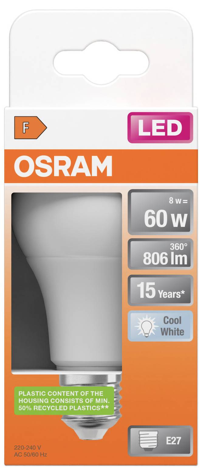 OSRAM LED-Glühbirne Verpackung, zeigt eine 8W Birne, die 60W entspricht, 806 lm, 15 Jahre, kaltweiss, E27 Fassung.