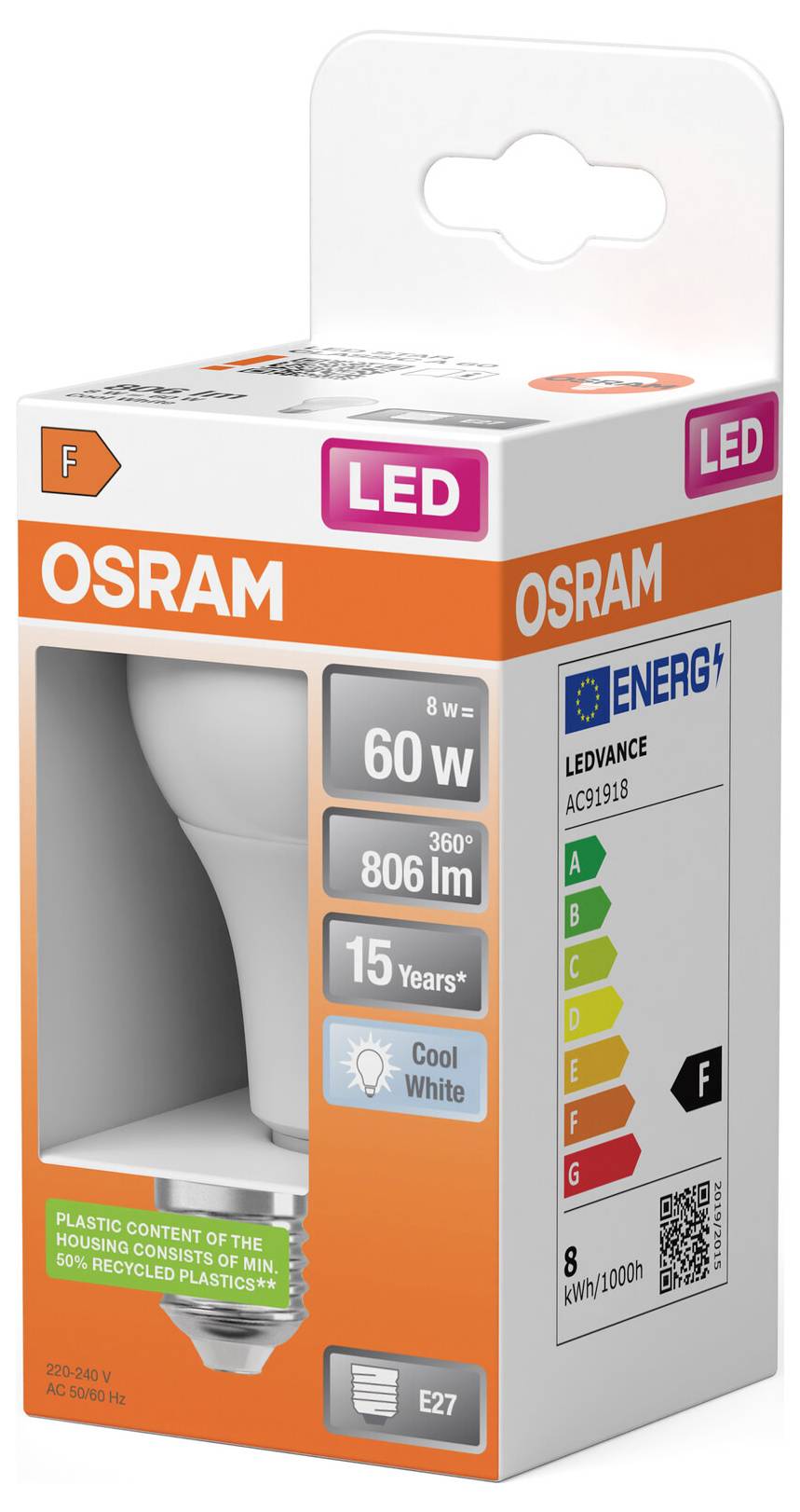 OSRAM LED-Glühbirne Verpackung, die eine 60-W-Entsprechung, 806 lm, Kaltweiß-E27-Glühbirne mit Energieklasse F zeigt.