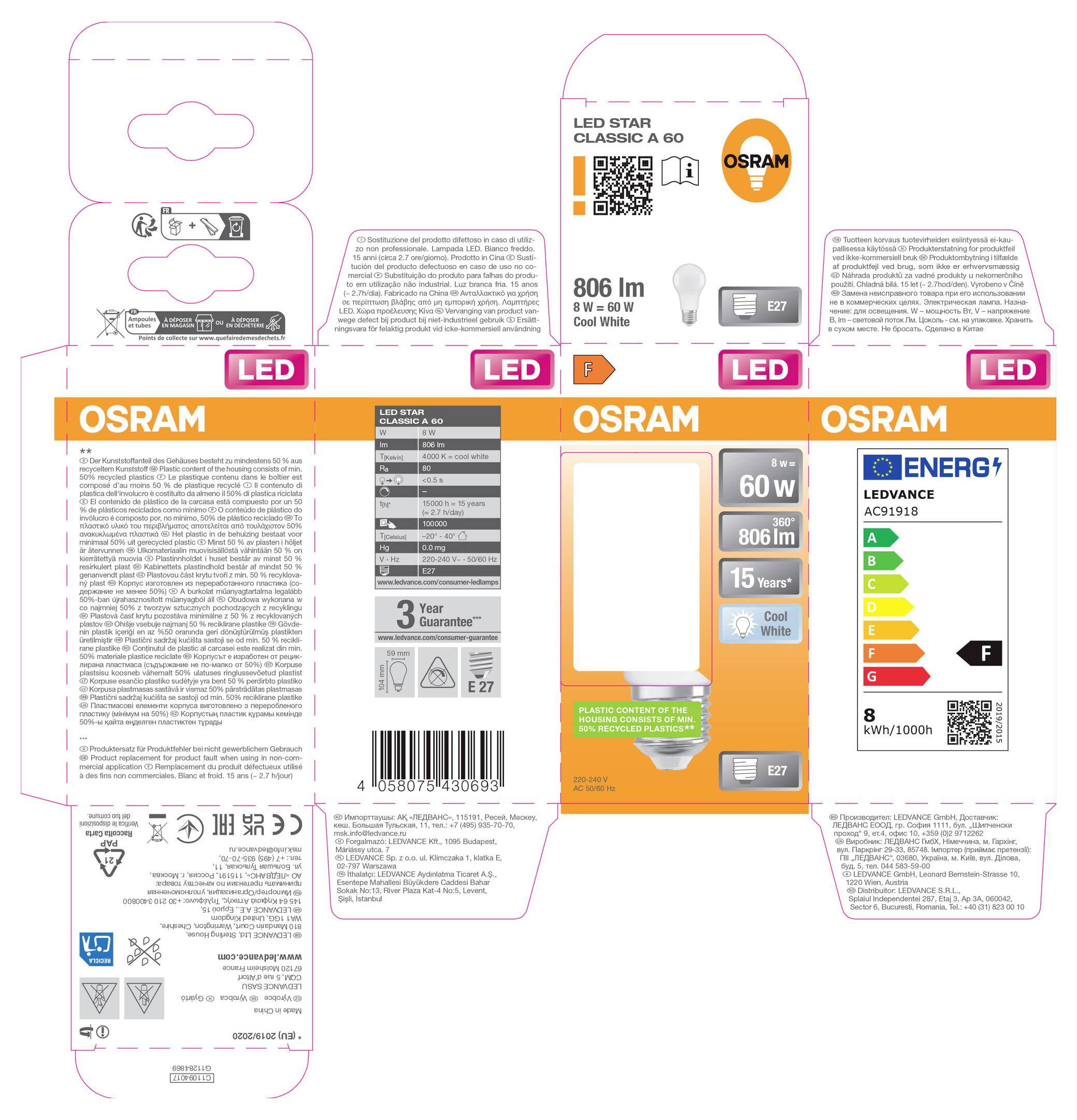 Paketausstanzung für eine OSRAM LED-Glühbirnenbox mit Vorder-, Rück-, Seitenseiten, Barcode, Energieetikett und Produktspezifikationen.
