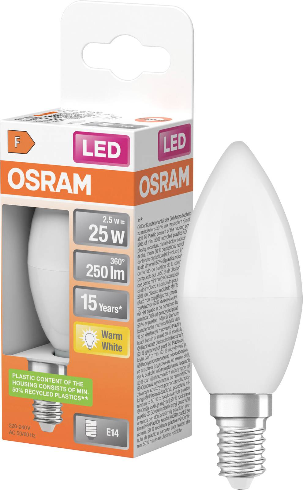 OSRAM LED-Kerzenlampe in Verpackung, mit der Bezeichnung 2,5 W, 25 W Entsprechung, 250 lm, warmweiß, E14-Sockel.