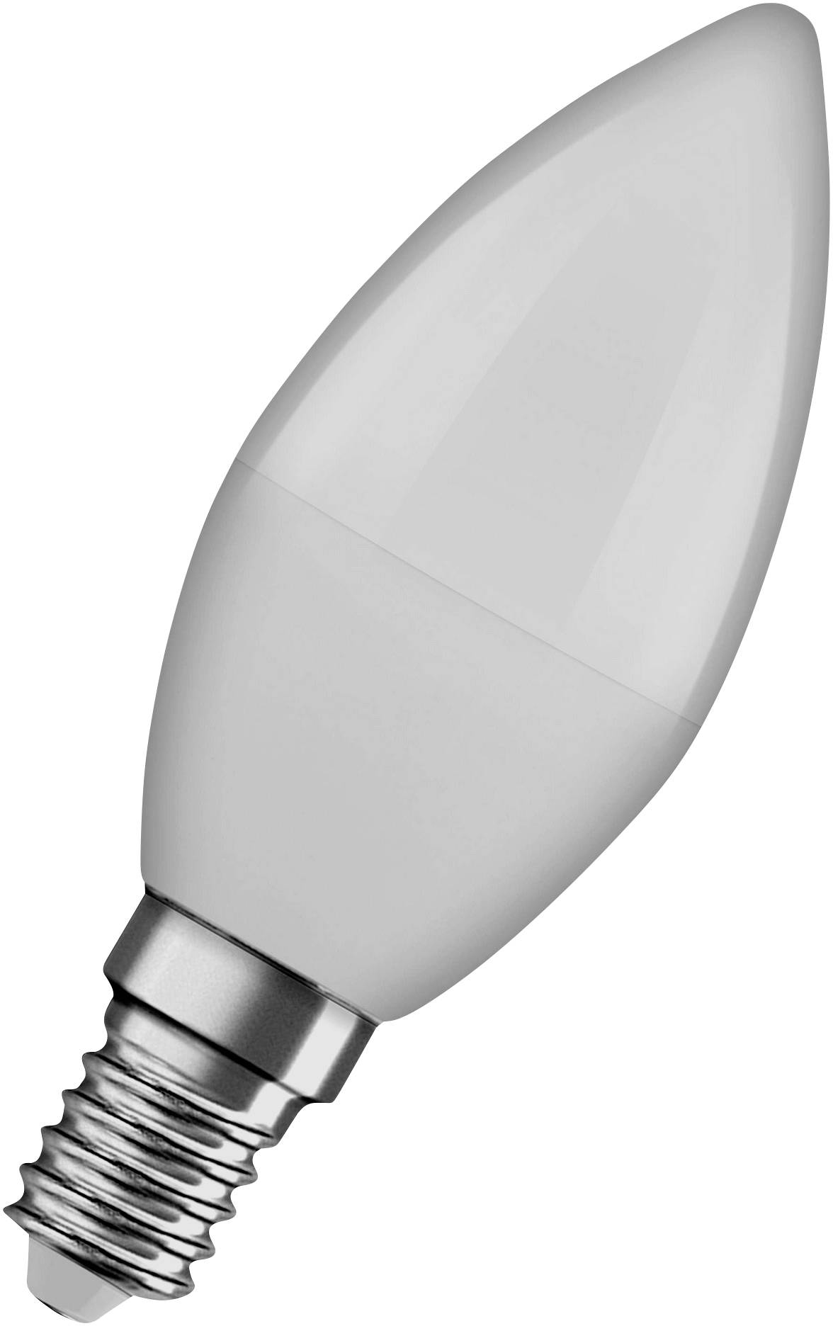 Eine LED-Glühbirne in Form einer Kerze mit E14-Sockel, geeignet für Haushaltsleuchten.