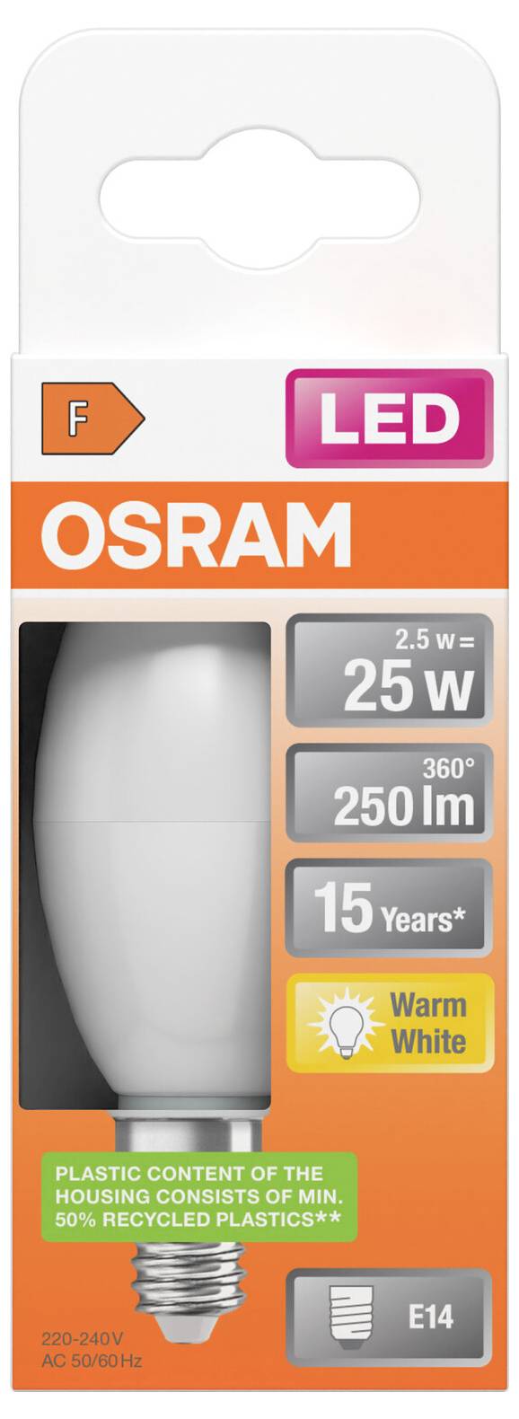 OSRAM LED-Glühbirne, Verpackung mit der Bezeichnung 25-W-Äquivalent, 250 lm, 15 Jahre, warmweiß, E14-Fassung.