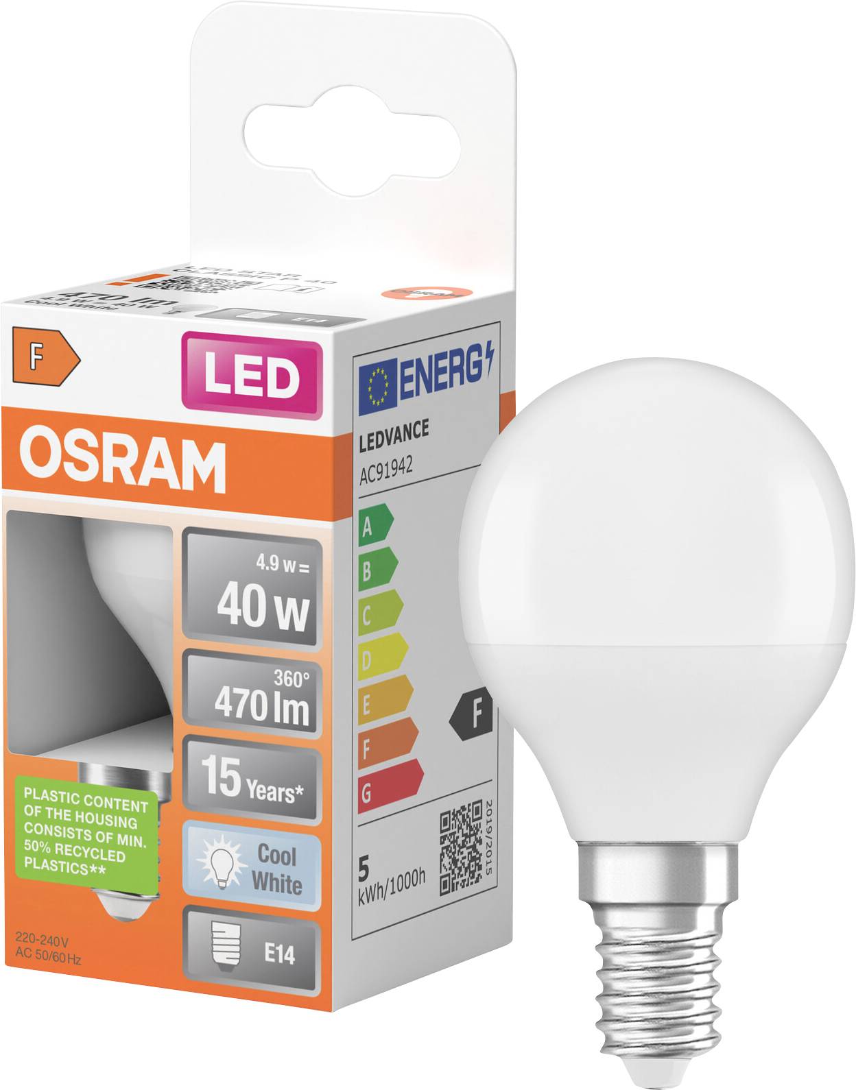 OSRAM LED-Glühbirne mit Verpackung, gekennzeichnet mit 4,9 W, 40-W-Äquivalent, 470 lm, 15 Jahre, Kaltweiß, E14-Fassung.
