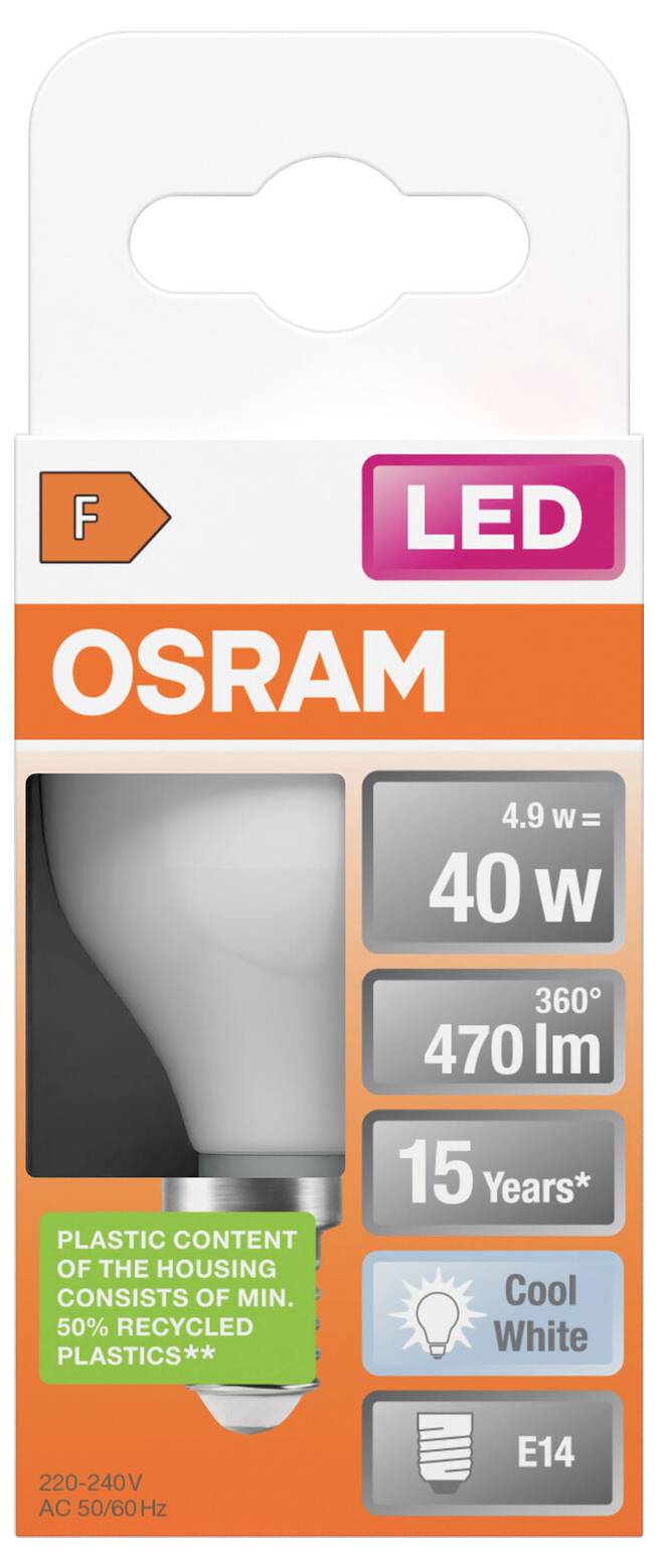 OSRAM LED-Glühbirne Verpackung, gekennzeichnet mit 4,9 W = 40 W, 470 lm, 15 Jahre, Kaltweiß, E14-Fassung.