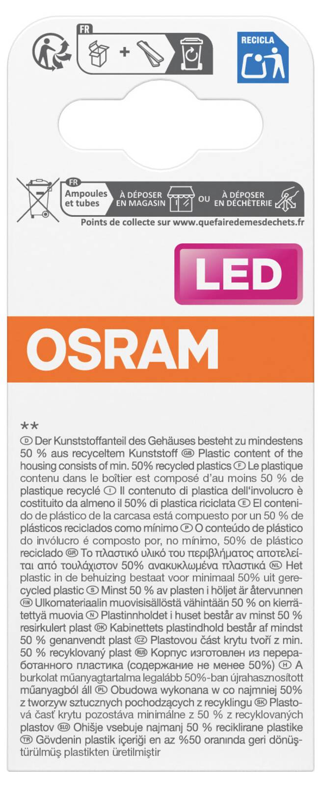 OSRAM LED-Produktverpackung mit Recycling- und Entsorgungsanweisungen in Französisch und Deutsch, mit einem klaren Ausschnittfenster und einem großen „LED