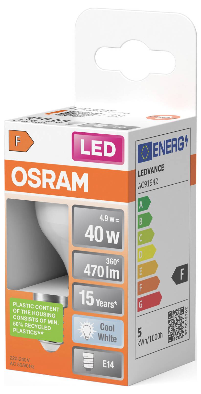 OSRAM LED-Glühbirne, 4,9W (40W-Äquivalent), 470 lm, Kaltweiß, E14, 15 Jahre, Energieklasse F.