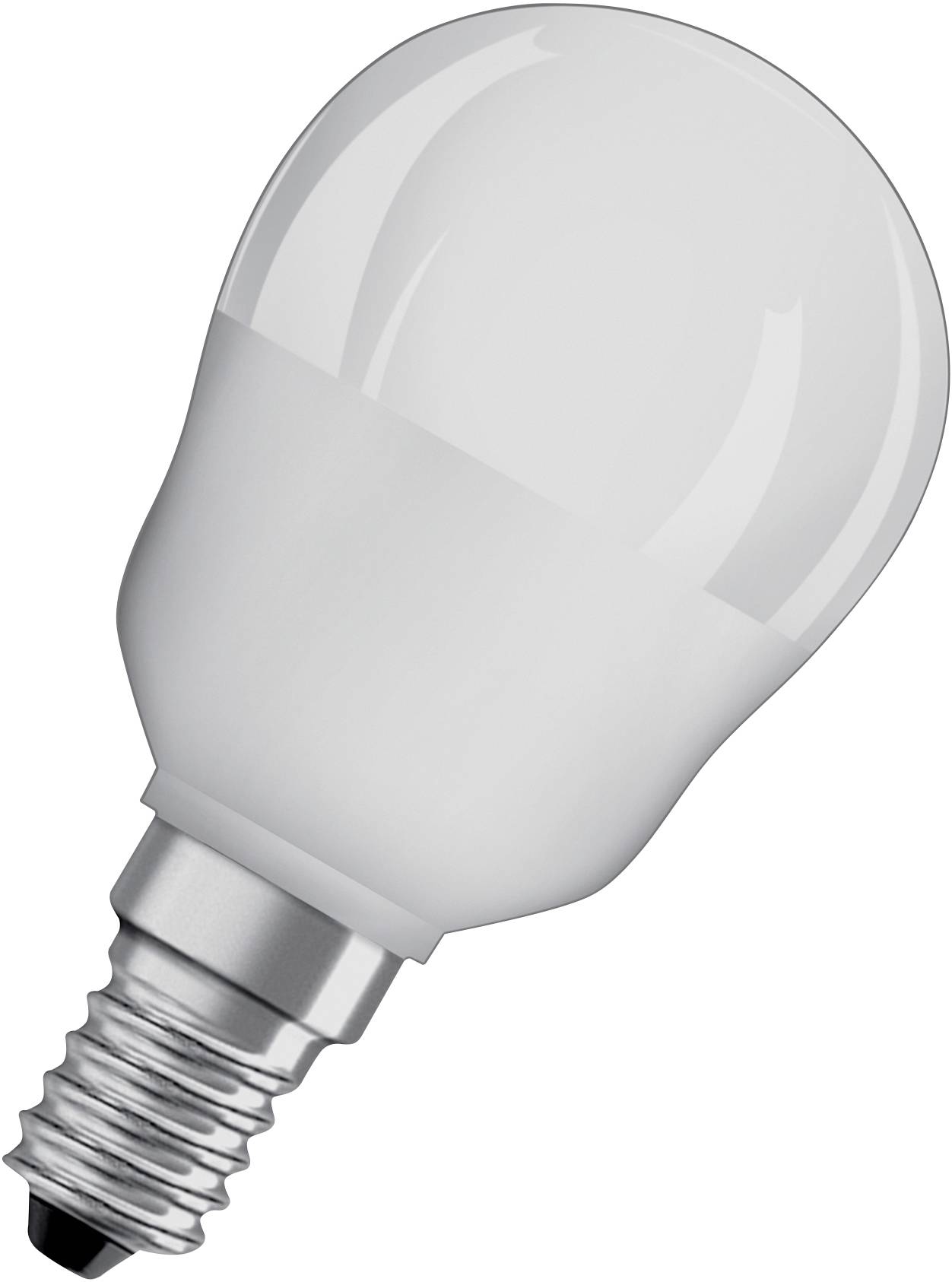 Weiße LED-Glühbirne mit silberner E14-Fassung, dargestellt auf weißem Hintergrund. Geeignet zur Energieeinsparung.