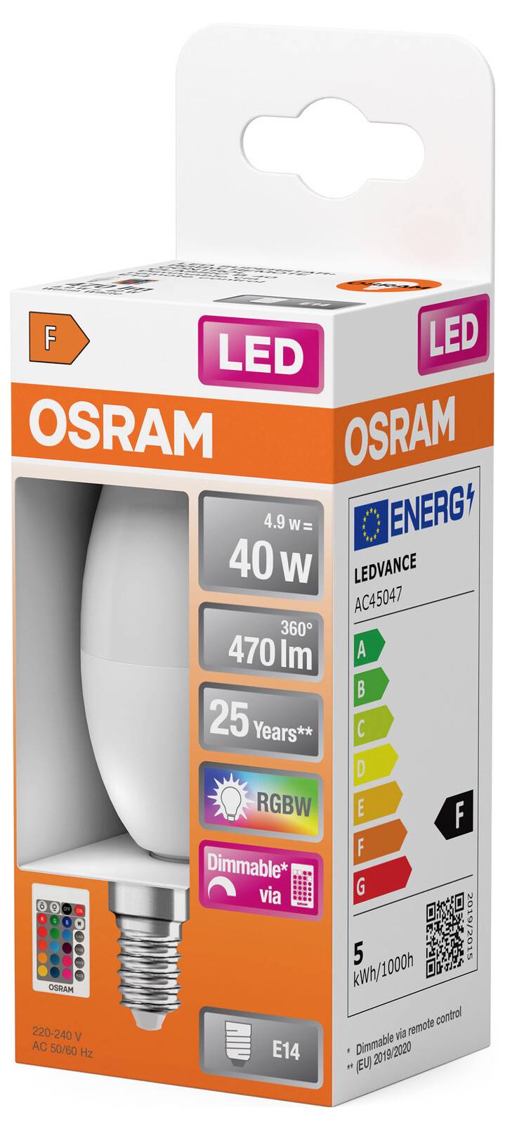 LED-Glühbirne von OSRAM, 40W Äquivalent, 470 Lumen, Energieklasse F, dimmbar, mit 25 Jahren Lebensdauer, E14 Fassung.