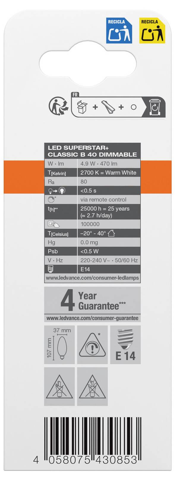 Verpackung einer LED-Glühbirne mit E14-Fassung, 470 lm, 2700 K warmweiß, dimmbar, 4 Jahre Garantie, Energieeffizienzklasse F.