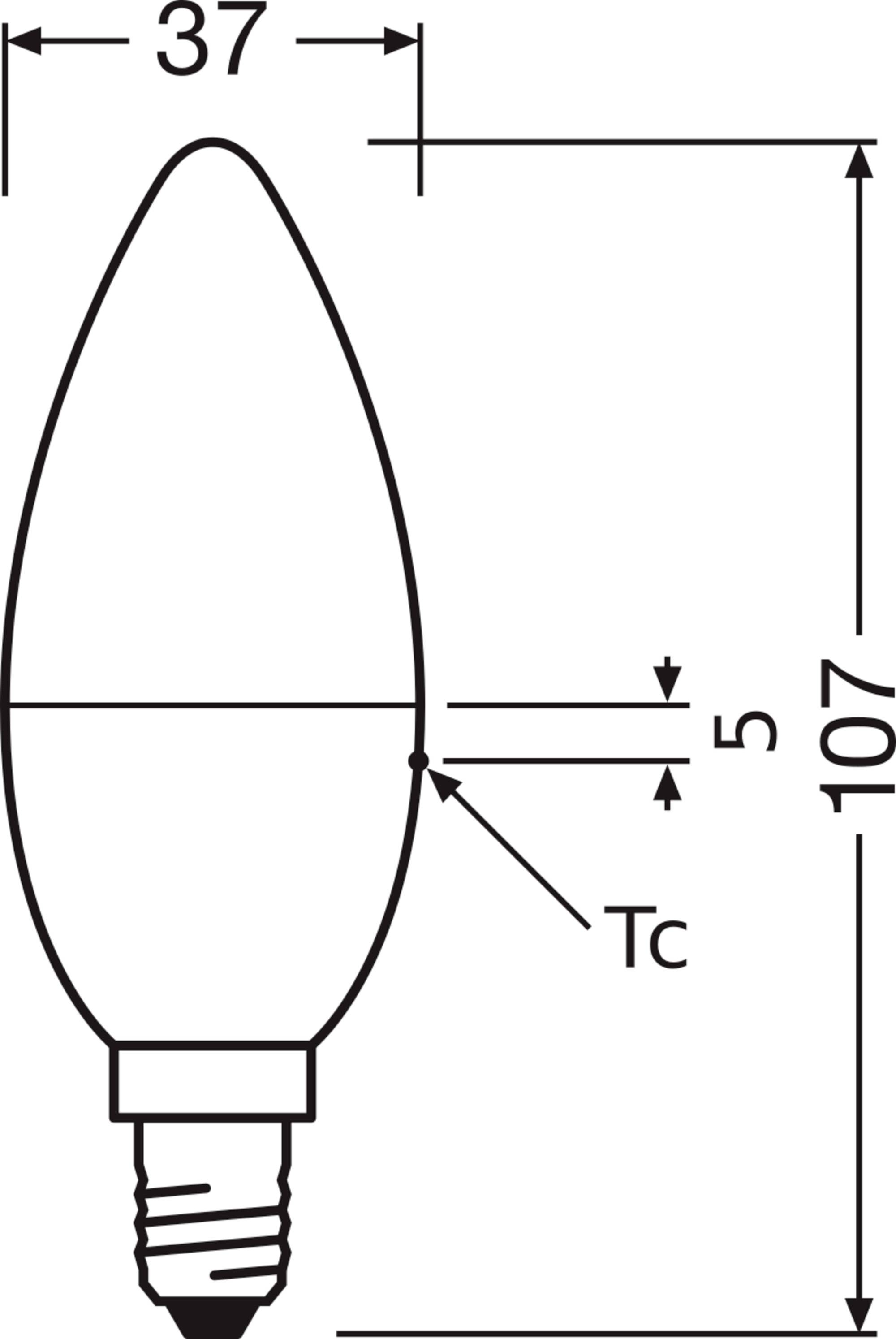 Glühlampe im Tropfen-Design mit Maßen: 37 mm Breite, 107 mm Höhe. E14-Sockel, typisches Kappen-TC-Maß von 5 mm.