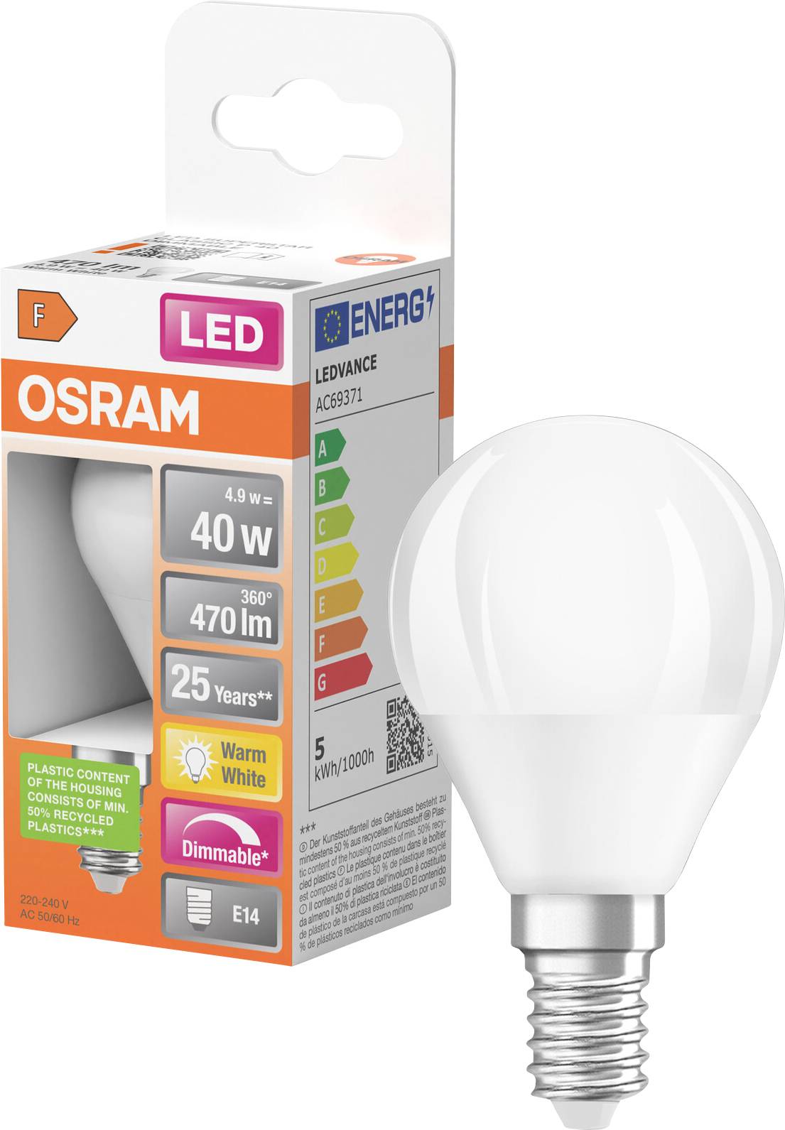 OSRAM LED-Glühbirne in Einzelhandelsverpackung, mit Bezeichnung 40W-Äquivalent, 470 lm, warmweiß, dimmbar, E14-Sockel, mit Energieeffizienzklasse und 25.000 Stunden Lebensdauer.