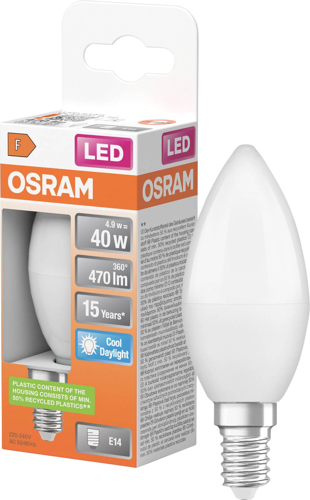 OSRAM LED-Kerzenlampe mit E14-Fassung, neben ihrer Einzelhandelsverpackung gezeigt, die mit 4,9 W, 40 W Äquivalent, 470 lm, kühles Tageslicht, 15 Jahre beschriftet ist.