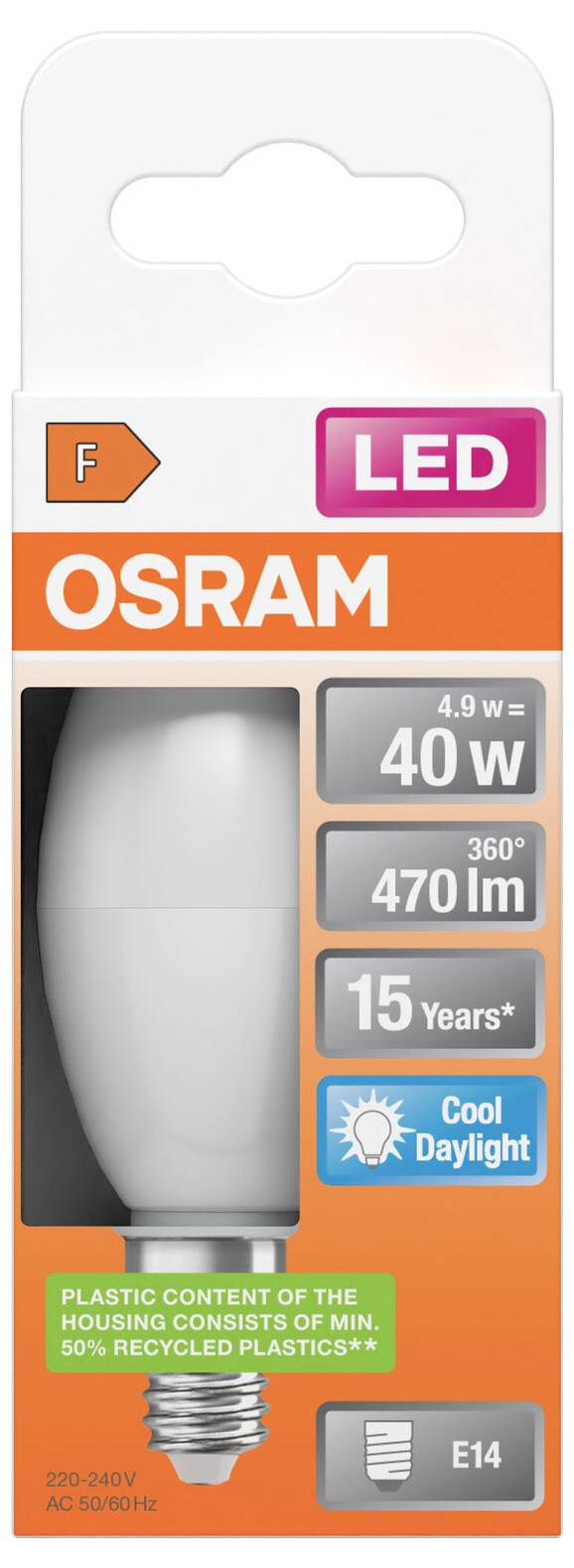OSRAM LED-Glühbirne Verpackung mit einer E14-Fassung, 40W-Äquivalent, 470 Lumen, 15 Jahre, kühles Tageslicht, 4,9W, Energieklasse F.