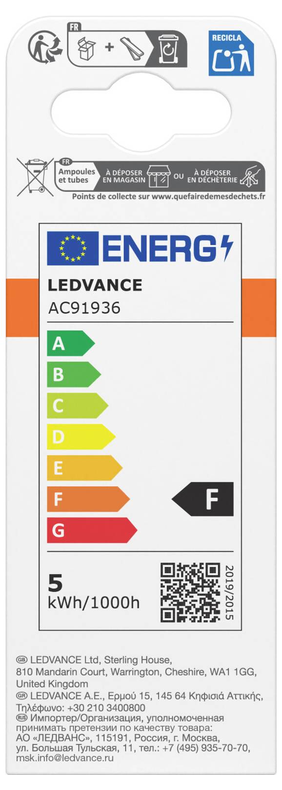 # Verpackungsetikett für eine LEDVANCE LED-Lampe, mit EU-Energieeffizienzklasse F, Modell AC91936 und geschätztem Verbrauch von 5 kWh/1000h.