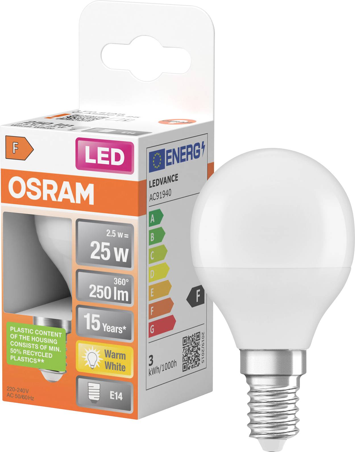 OSRAM LED-Glühbirne mit Schachtelverpackung, mit Kennzeichnung 25 W, 250 lm, warmweiß, E14-Fassung, Energieklasse F.