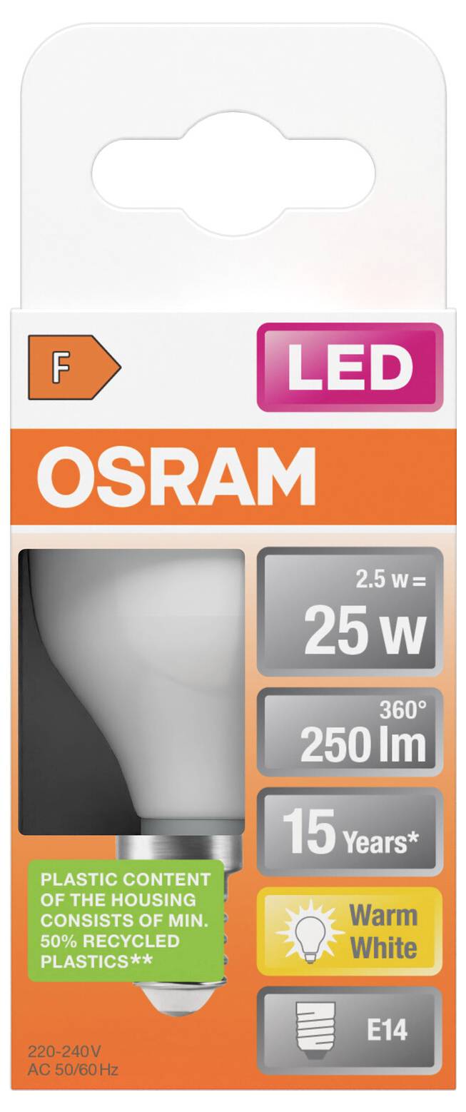 OSRAM LED-Glühbirne mit Verpackung gekennzeichnet 25 W, 250 lm, Warmweiß, E14, 15 Jahre, und Kunststoffgehalt des Gehäuses besteht aus mindestens 50% recycelten Kunststoffen.