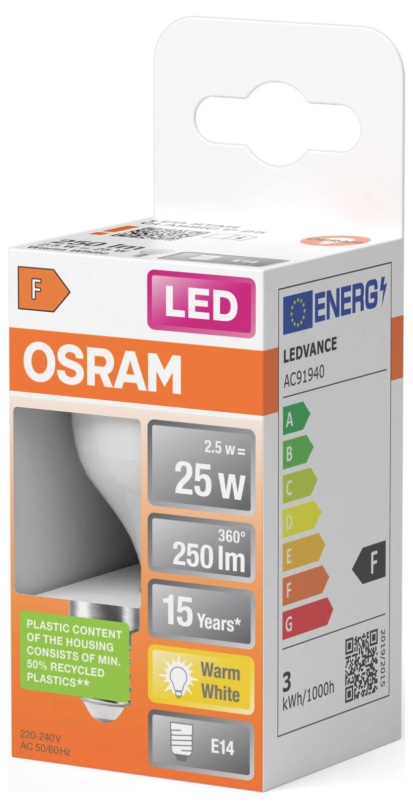 OSRAM LED-Glühbirne Verpackung mit Angabe von 25W-Entsprechung, 250 lm, warmweiß, E14-Fassung und F-Energieklasse.
