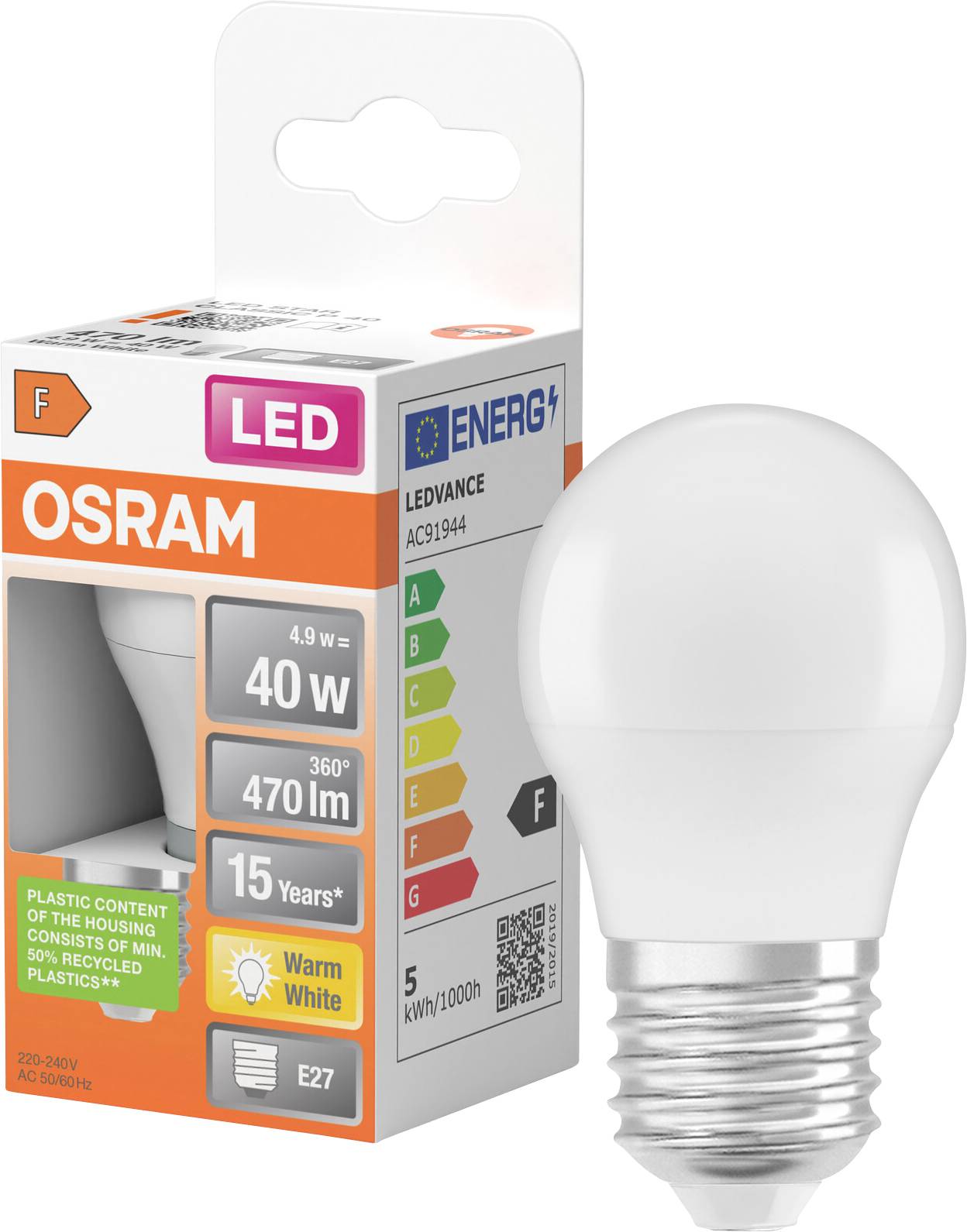 OSRAM LED-Glühbirne mit Einzelhandelskarton, gekennzeichnet mit 4,9W, 470 lm, 40W-Äquivalent, warmweiß, E27-Sockel, 15 Jahre