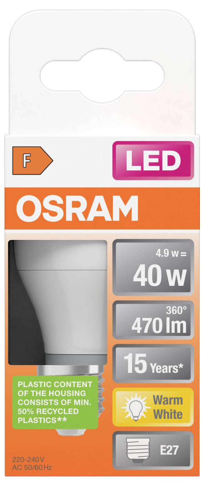 OSRAM LED-Glühbirne, Verpackung mit 40-W-Äquivalent, 470 lm, 15 Jahre, Warmweiß, E27-Sockel, mit 4,9 W Leistung und 360° Lichtkegel.