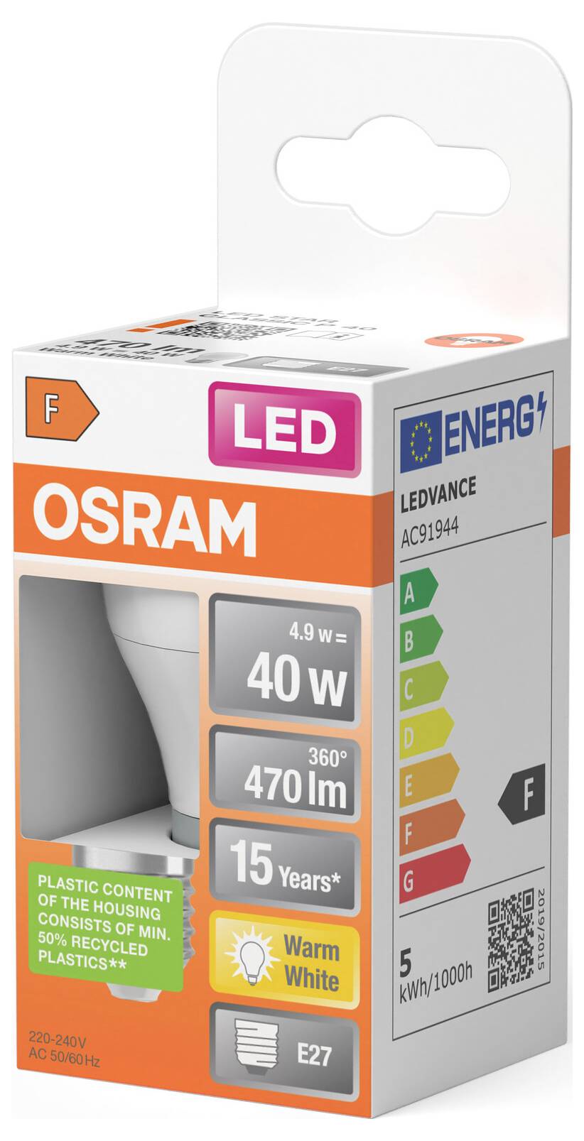 OSRAM LED-Glühbirne auf der Verpackung mit einer 4,9 W, 40 W Entsprechung, 470 lm, warmweiße E27-Glühbirne mit Energieeffizienzklasse F.
