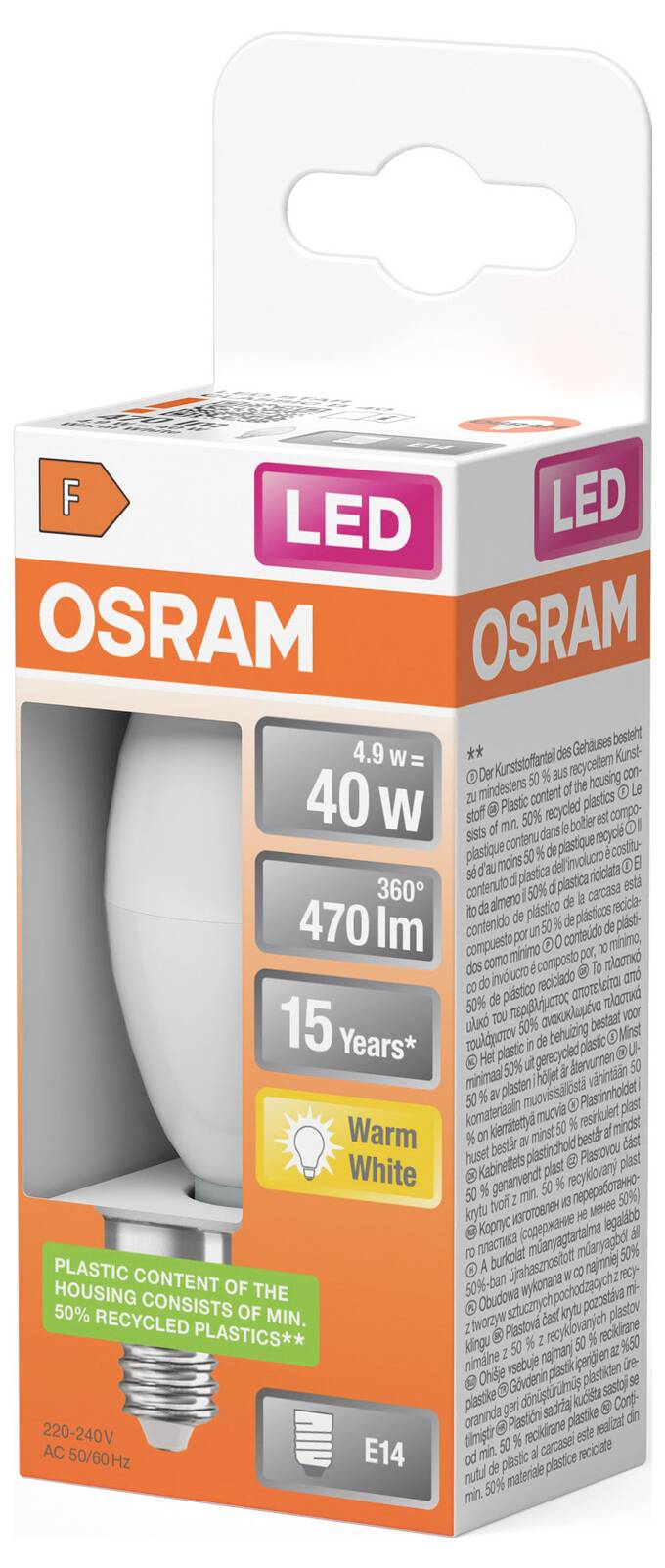 OSRAM LED-Glühbirne, 4,9W entspricht 40W, 470 Lumen, Warmweiß, E14-Sockel, Lebensdauer 15 Jahre.