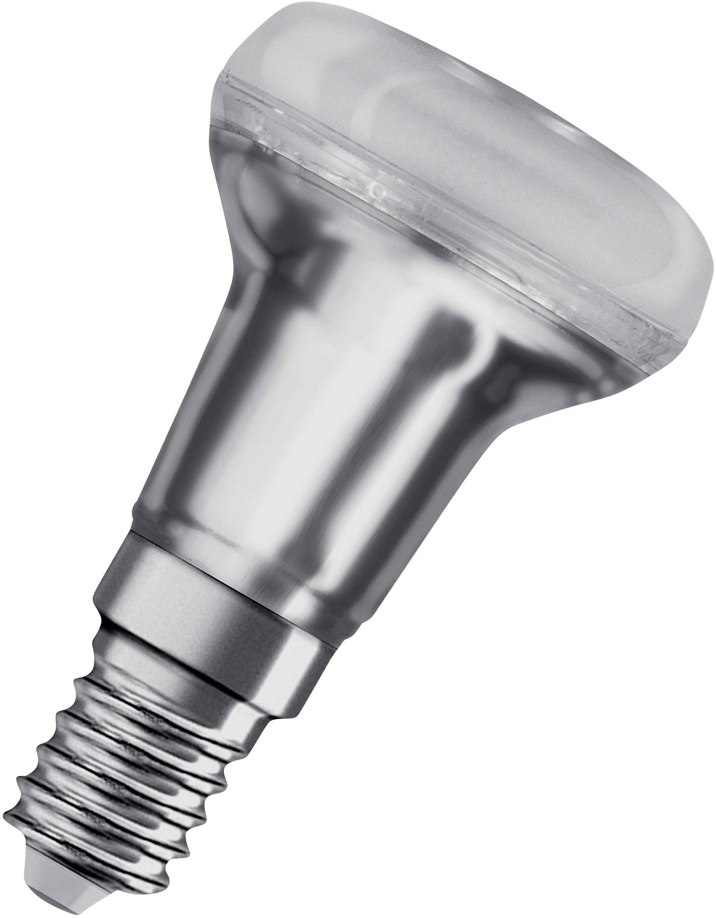Eine silberne LED-Glühbirne mit E14-Schraubsockel, schräg dargestellt auf weißem Hintergrund.