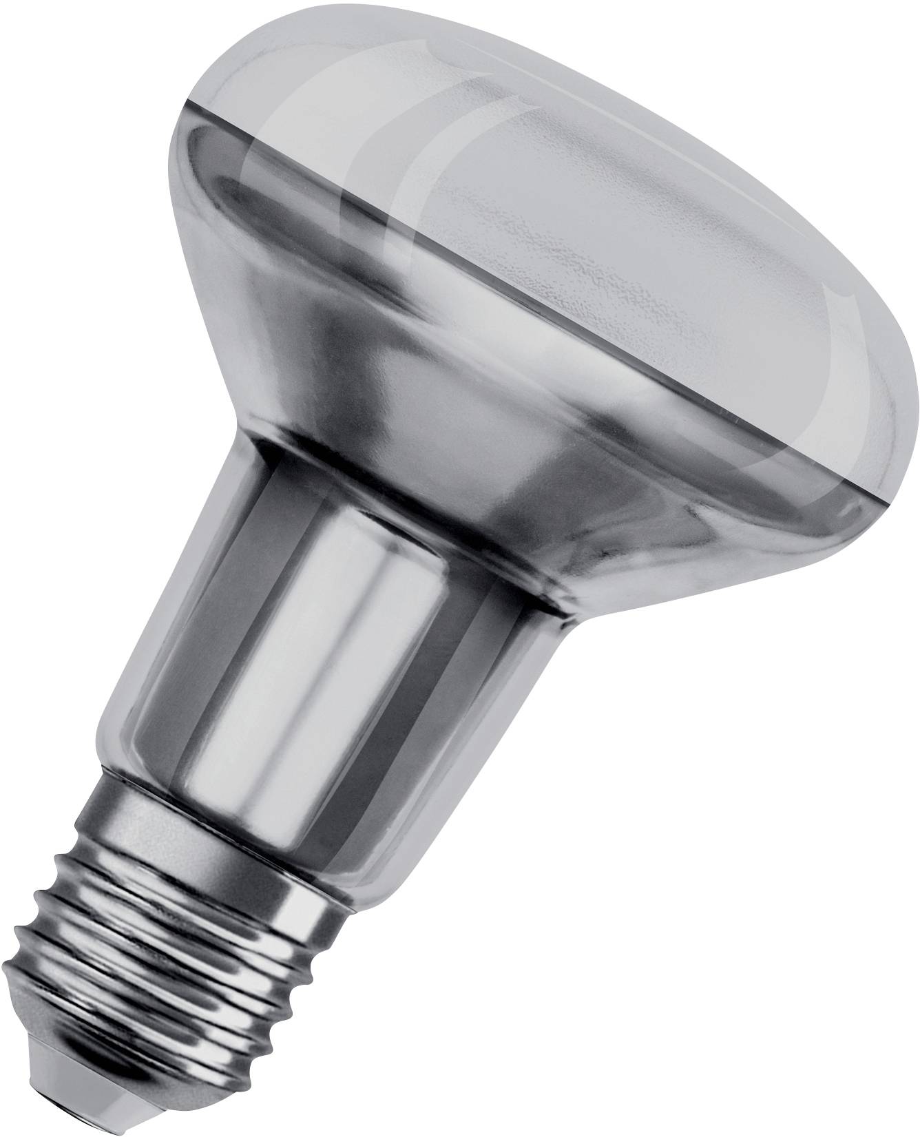 Eine silberne LED-Glühbirne mit Standard-E27-Gewinde. Sie hat ein breites, reflektierendes Gehäuse, ideal zur Beleuchtung großer Flächen.