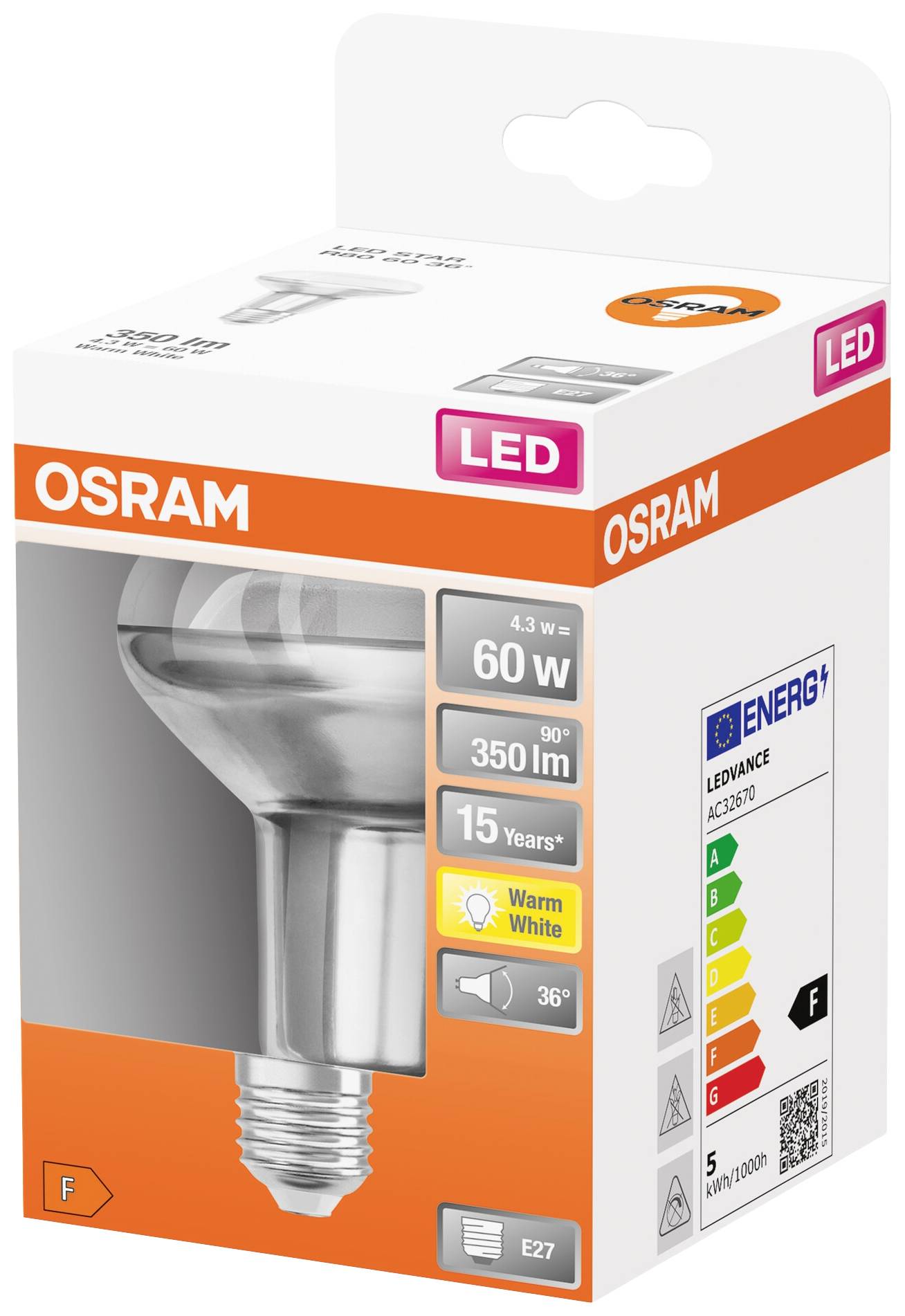 Eine OSRAM LED-Lampe in der Verpackung. Sie hat 60W, 350lm, 15 Jahre Lebensdauer, warmweißes Licht mit 36° Abstrahlwinkel. Energieklasse F.