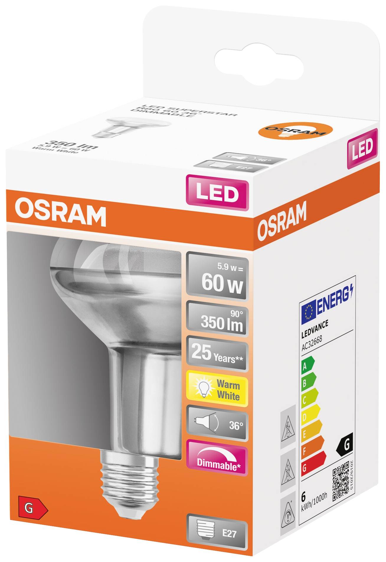 Osram LED-Glühbirne, 60 W, 350 lm, warmweiß, dimmbar, Energieklasse G. Verpackung zeigt Produktbild und Spezifikationen.