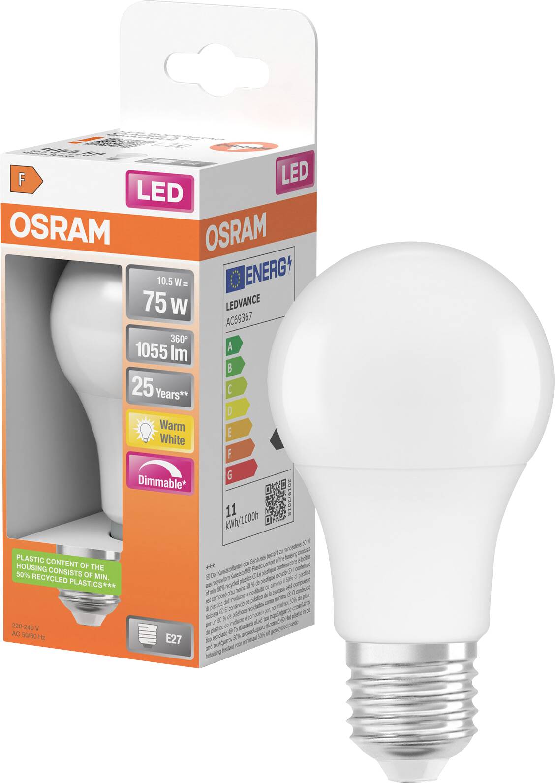 OSRAM LED-Glühbirne und Einzelhandelverpackung, gekennzeichnet mit 75-W-Äquivalent, 1055 Lumen, warmweiß, dimmbar, E27-Sockel.