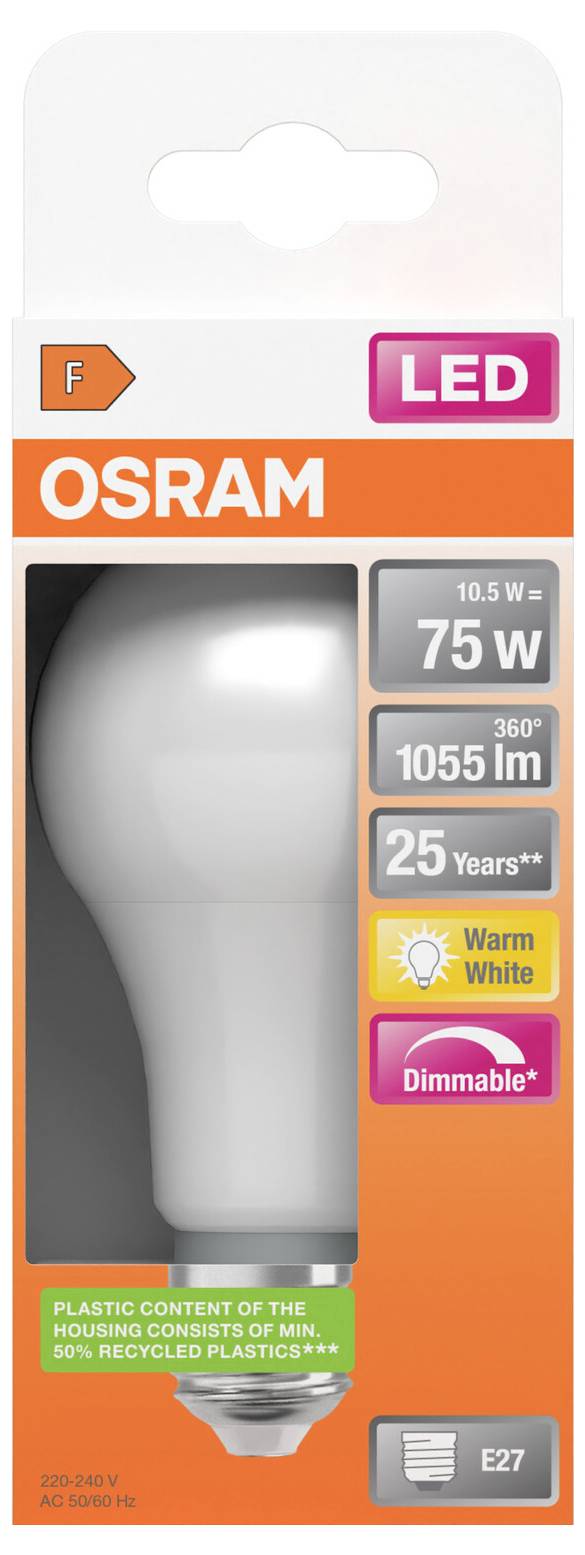 OSRAM LED-Glühbirne, Verpackung zeigt ein 75-W-Äquivalent, 1055 lm, Warmweiß, dimmbar, E27-Sockel und 25 Jahre Lebensdauer.