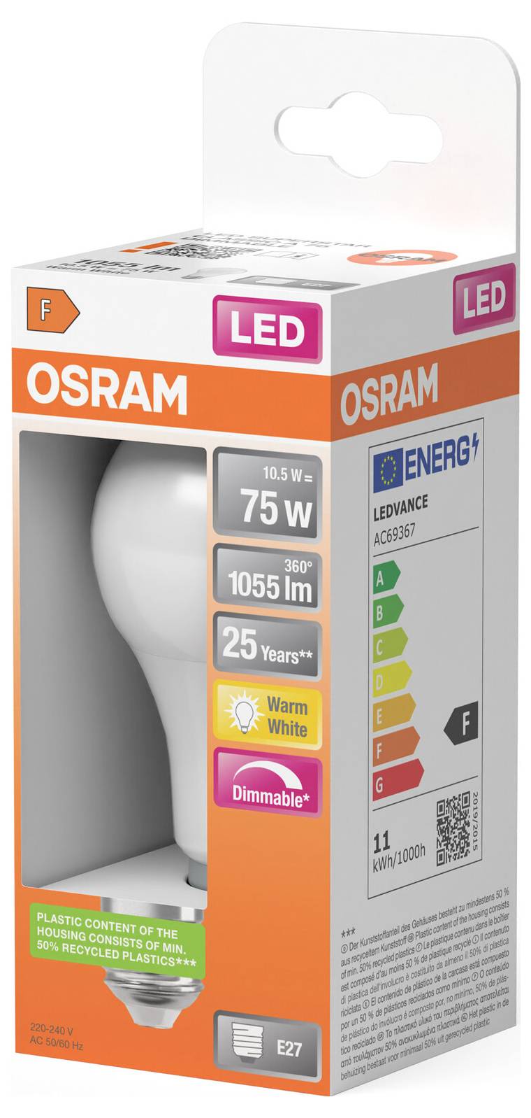 OSRAM LED-Glühbirne, 10,5 W, 75-W-Äquivalent, Warmweiß, dimmbar, E27-Fassung, Energieeffizienzklasse F.
